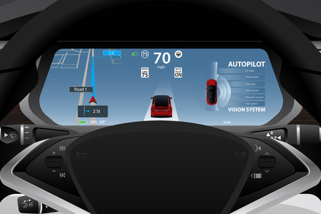 Self driving electric car dashboard display closeup. Vector illustrationのイラスト素材