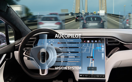 Self driving car on a road. Autonomous vehicle. Inside view.の写真素材