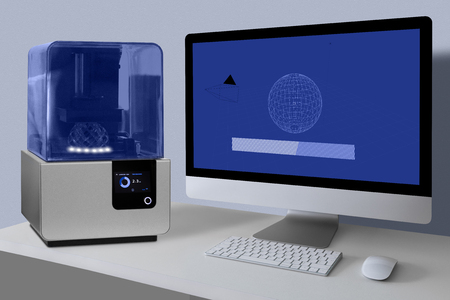 A 3d printer in the laboratory prints a structure from a photopolymer.