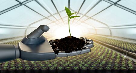 Robot arm with a plant. Digital transformation in agriculture and smart farming.の写真素材