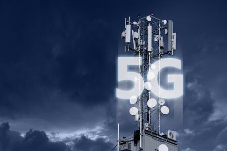 5G network transmitters on the roof of a skyscraper