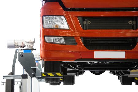 Truck on a lift in a car serviceの写真素材