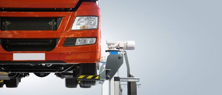 Truck on a lift in a car serviceの写真素材