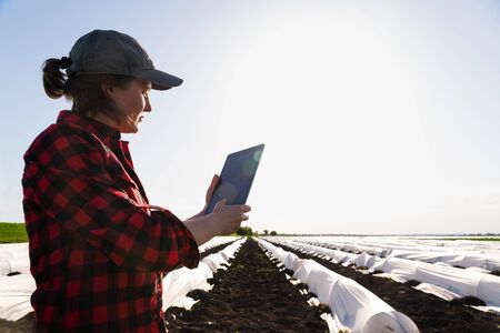 A woman farmer with digital tabletの写真素材