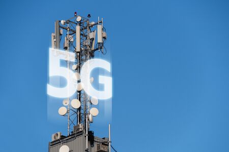 5G network transmitters on the roof of a skyscraper