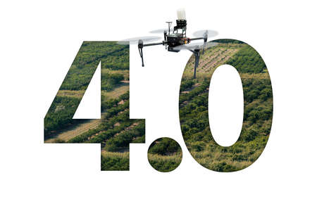 Agricultural drone on the background of text 4.0. Smart farming conceptの写真素材