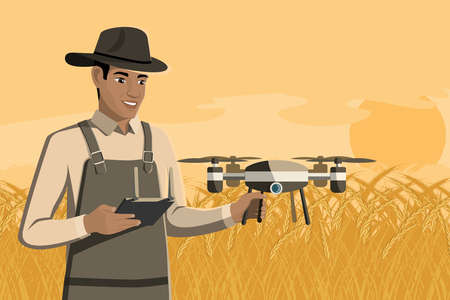 Farmer control drone on a wheat field. Digital transformation in agriculture and smart farming.のイラスト素材