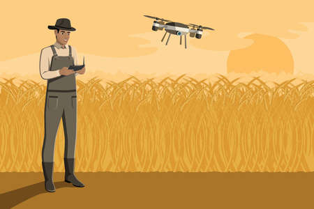 Farmer control drone on a wheat field. Digital transformation in agriculture and smart farming.のイラスト素材