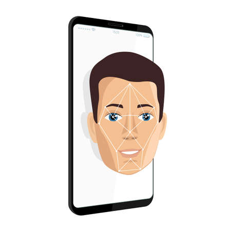 Mobile phone with face recognition authentication. Vector illustrationのイラスト素材