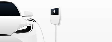 White electric car with a charging station. Vector banner templateのイラスト素材