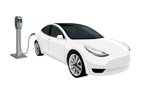 Electric car with charging station on a background of eco city using renewable energy.のイラスト素材