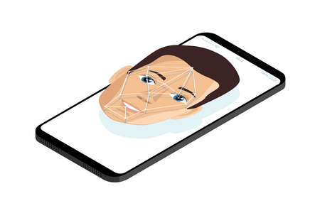 Mobile phone with face recognition authentication. Vector illustrationのイラスト素材