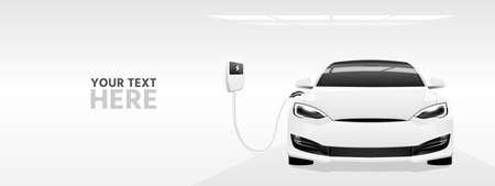 White electric car with a charging station. Vector banner templateのイラスト素材