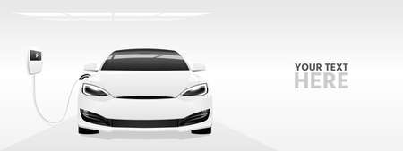 White electric car with a charging station. Vector banner templateのイラスト素材
