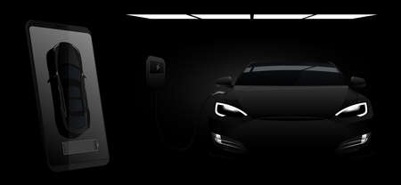 Mobile phone on a background of charging electric car in the dark. On a device screen indicator of...