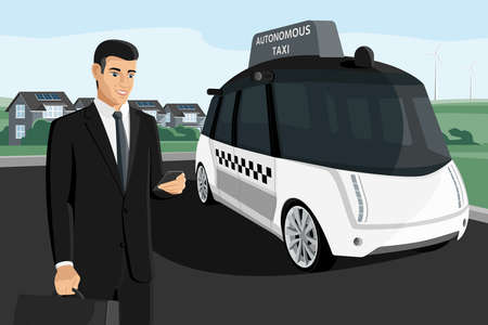 Businessman with smart phone ordering autonomous self driving taxi. Vector illustration.のイラスト素材