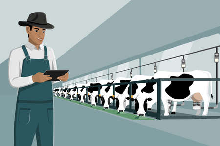 Modern farmer with tablet on a dairy farm. Smart farming.のイラスト素材