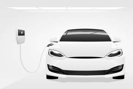 White electric car with a charging station. Vector banner templateのイラスト素材