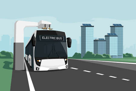 Electric bus stands at the charging station. Vector illustrationのイラスト素材