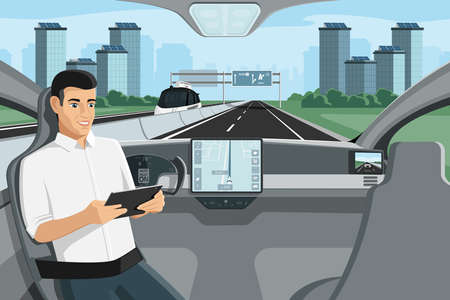 Passenger sitting in the seat with digital tablet when autonomous self driving car rides on the highway. Vector illustrationのイラスト素材