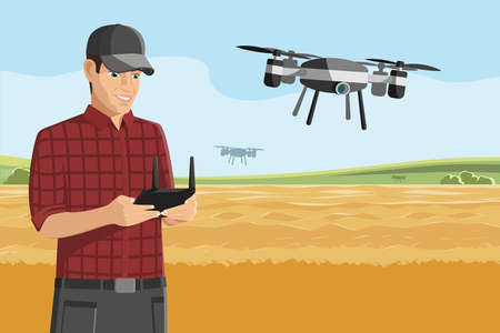Farmer control drone on a wheat field. Digital transformation in agriculture and smart farming.