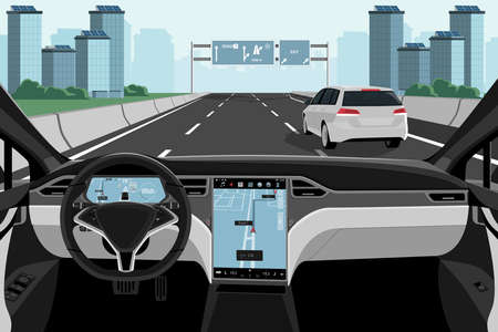 Self driving car on a road. Autonomous vehicle. Inside view.のイラスト素材