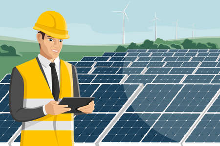 Engeneer with tablet computer on a background of solar energy power station. Vector illustrationのイラスト素材