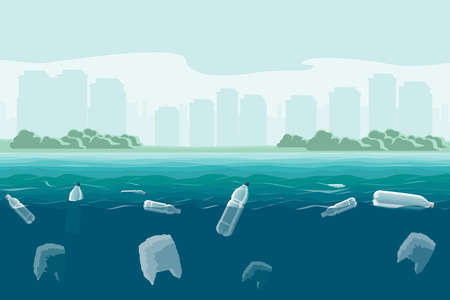 Plastic bottles and bags in the sea. Pollution of the World ocean by plastic waste. Vector illustrationのイラスト素材