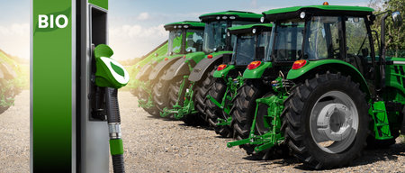 Biofuel filling station on a background of agricultural tractors