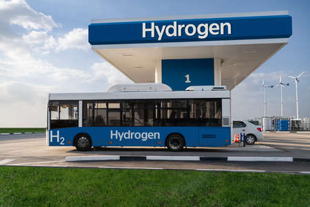 Fuel cell bus at the hydrogen filling station