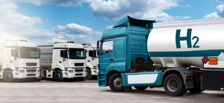 Truck with hydrogen fuel tank trailer on a background of trucksの写真素材