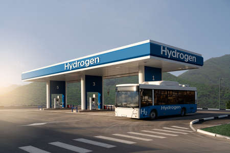 Fuel cell bus at the hydrogen filling stationの写真素材