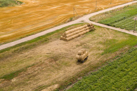 Pile of straw bales on harvested wheat field. Aerial viewの写真素材