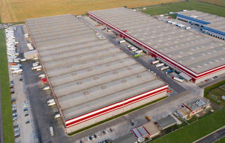 Aerial view of a large logistics center. Distribution and delivery of goods