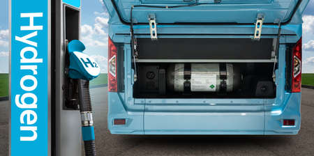 Hydrogen gas station and bus with an open hood and a hydrogen cylinder inside. Clean mobility conceptの写真素材