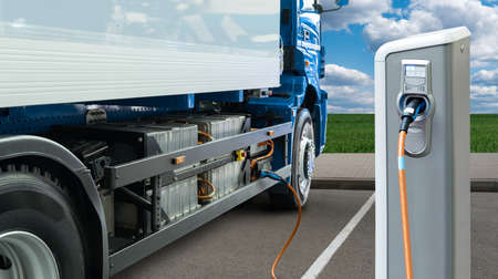 Electric truck batteries are charged from the charging station. Conceptの写真素材