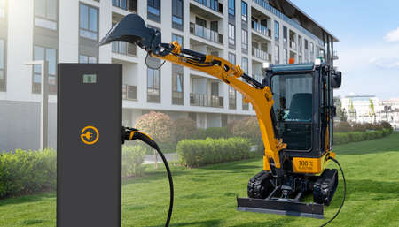 Concept of electric city excavator with charging station