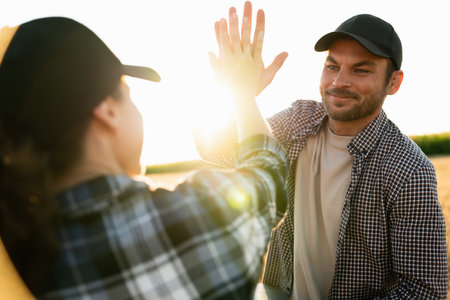 Farmers man and woman high five in wheat field at sunsetの写真素材