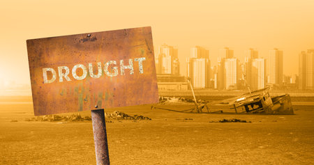Rusty sign with the inscription DROUGHTの写真素材