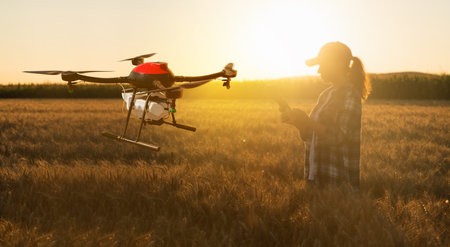 Woman farmer controls drone sprayer with a tablet.の写真素材