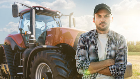 A bearded farmer in a cap and a plaid shirt stands in front of a agricultural tractor