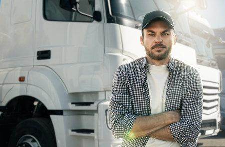 Truck driver standing in front of trucksの写真素材