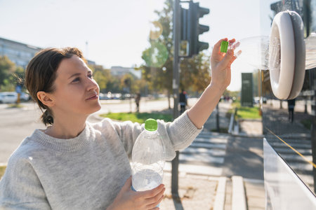 Woman uses a self service machine to receive used plastic bottles