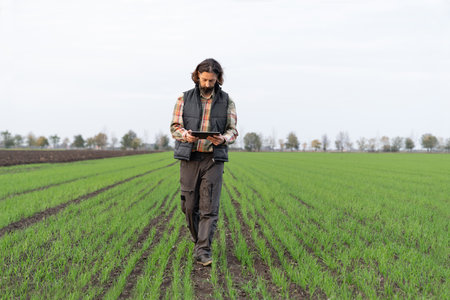 Farmer with digital tablet in young wheat field. Smart farming and digital agriculture