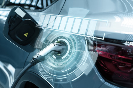 Close up of electric car inlet with connected charging cable and infographicsの写真素材
