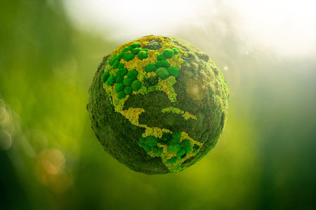Green planet Earth from natural moss. Symbol of sustainable development and renewable energyの写真素材