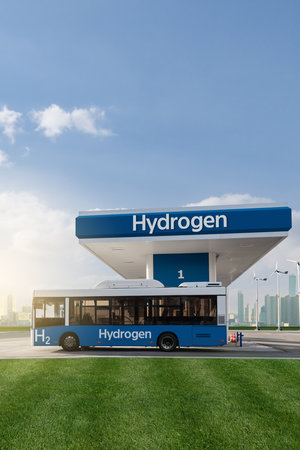 Fuel cell bus at the hydrogen filling stationの写真素材
