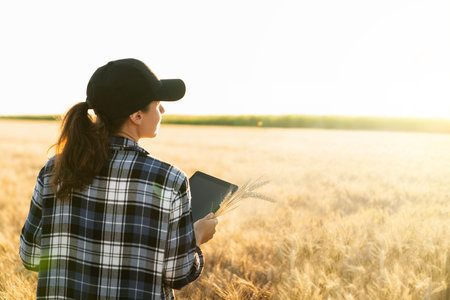 Farmer examines the field of cereals and sends data to the cloud from the tablet. Smart farming and...