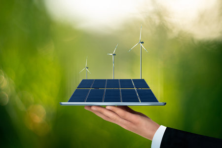 Businessman is holding a digital tablet with solar panels and wind turbines.の写真素材