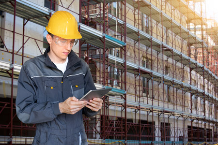 Engineer with a digital tablet on the background of a building under construction
